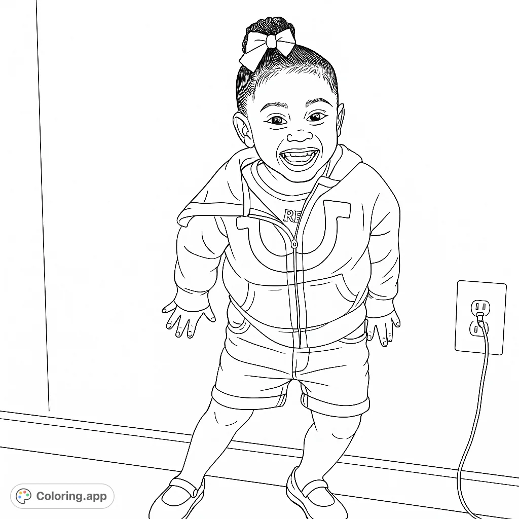 A delightful coloring page featuring a happy child with a big smile, wearing a hoodie and shorts, leaning against a wall. Perfect for young artists!