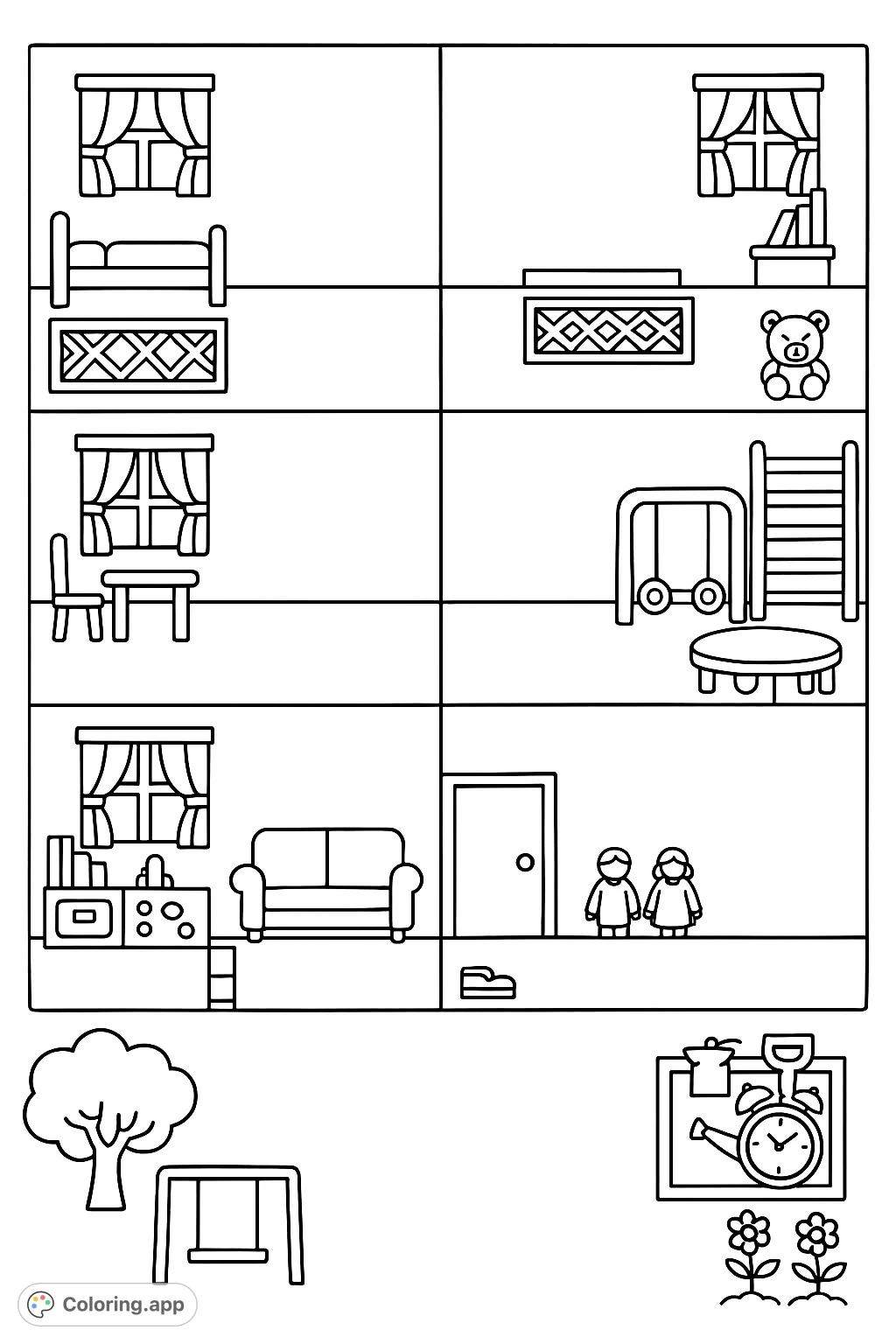 Explore a charming multi-story house with detailed rooms and an inviting outdoor play area. Perfect for imaginative coloring fun!