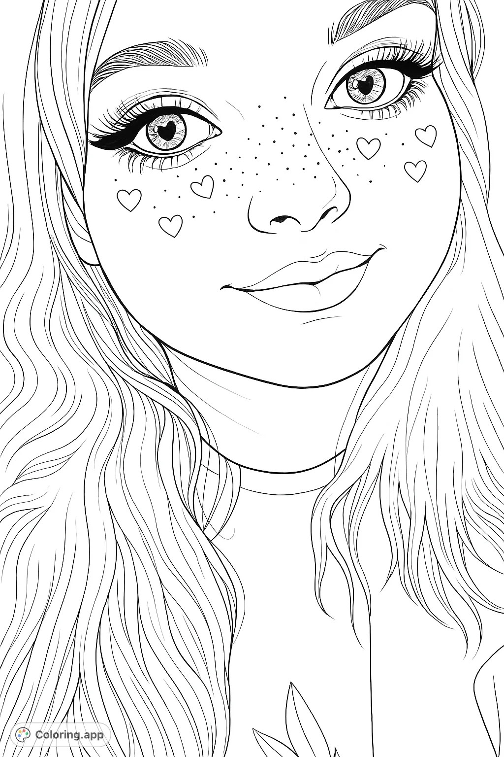 A charming portrait featuring a person with expressive eyes, wavy hair, and playful heart shapes on their cheeks, offering a delightful coloring experience.
