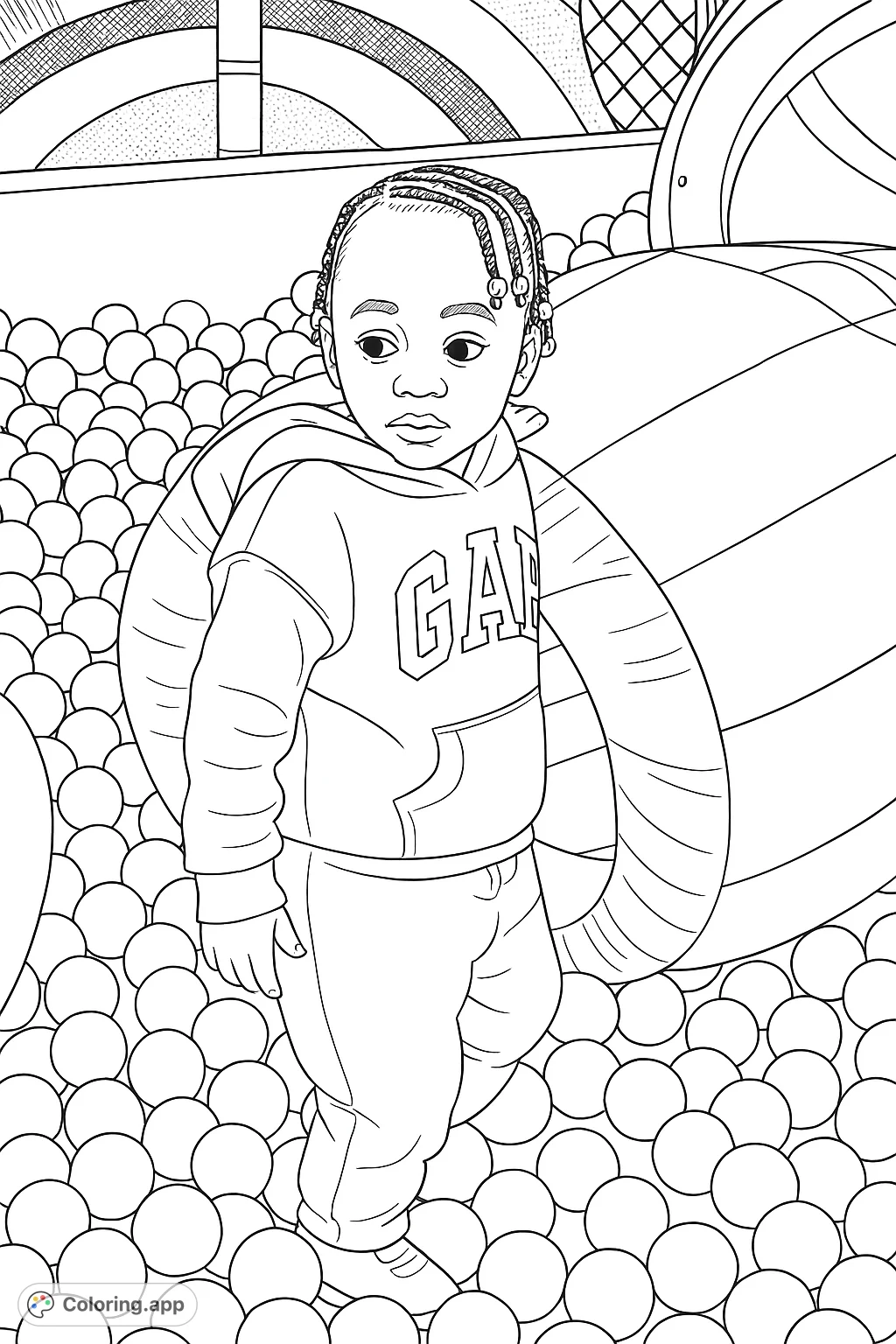 A delightful child in a ball pit, surrounded by countless spheres and a soft play structure. Perfect for a fun, engaging coloring experience!