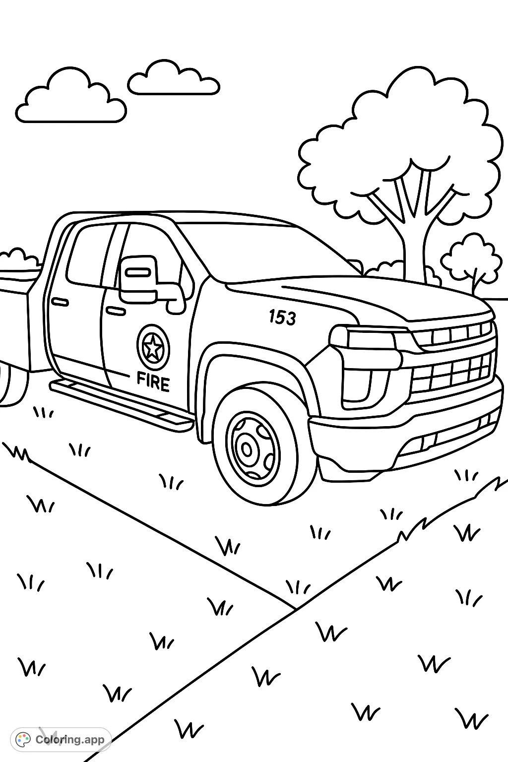 Color a powerful forest service utility truck, ready for action. Features a detailed grille, official emblem, and a sturdy design, perfect for aspiring heroes and vehicle fans.