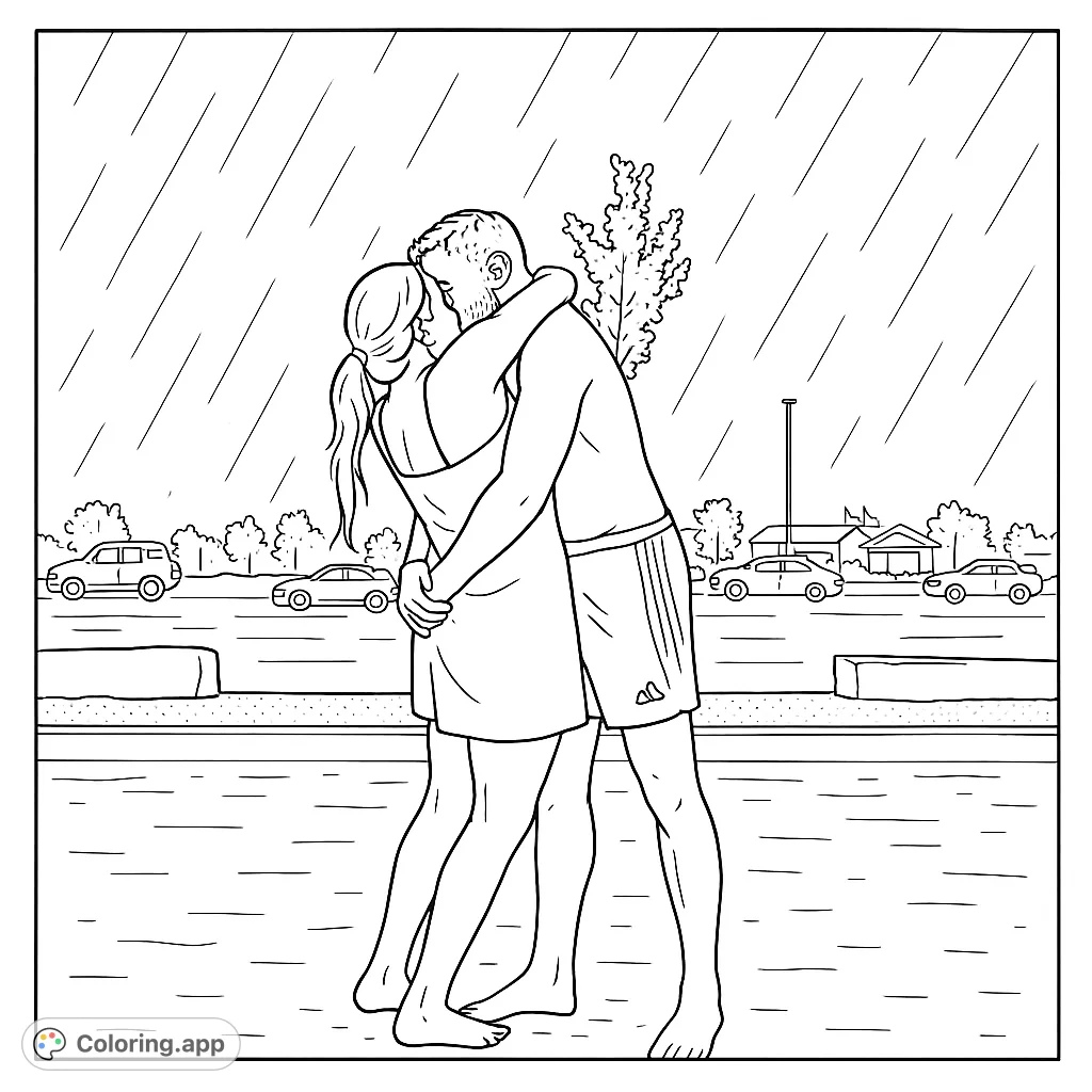 Capture a tender moment: a couple embracing and kissing in the rain. A romantic scene with falling precipitation and reflections on the wet ground.