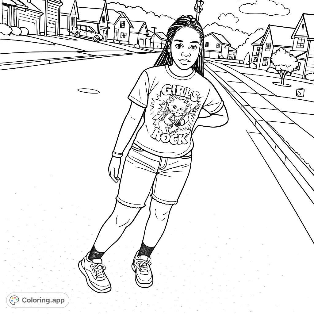 Capture urban style with this street scene coloring page. A young person in a graphic tee and shorts stands on a residential street, ready for your creative touch.