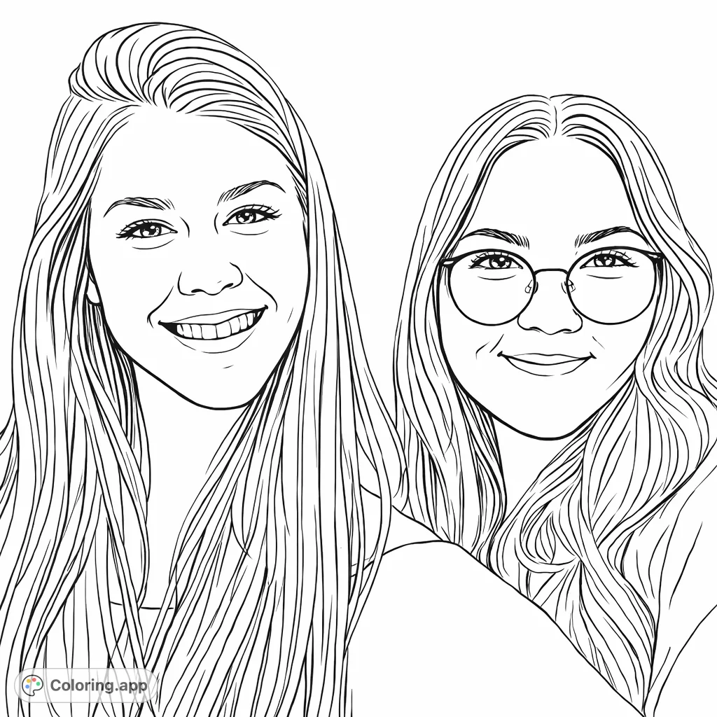 A heartwarming portrait of two smiling friends, perfect for coloring. Capture the joy of companionship with this free printable coloring page.
