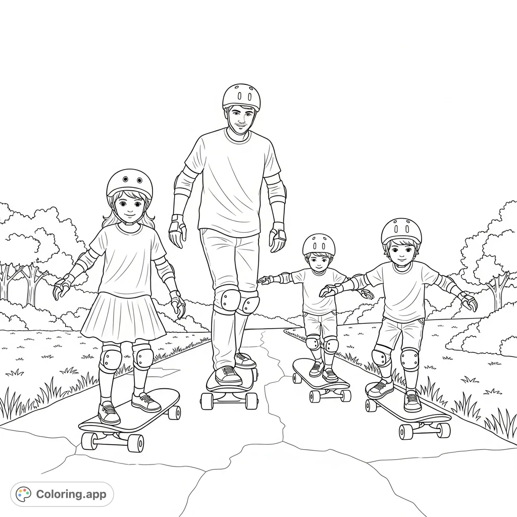 Capture the joy of a family skateboarding outing! A dad and his three children glide along a park path, all geared up for a fun, active day.