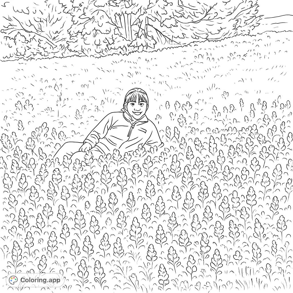 A delightful field of flowers coloring page featuring a child amidst a sprawling meadow, perfect for nature lovers and detailed coloring.