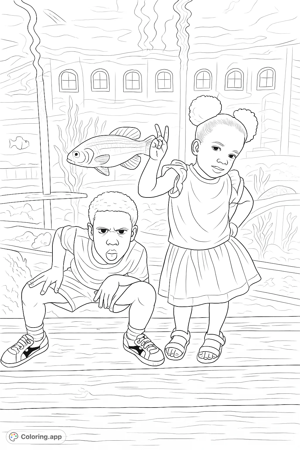 Two expressive children pose playfully in front of a large aquarium tank, featuring a striped fish and distant windows. A fun, engaging scene.