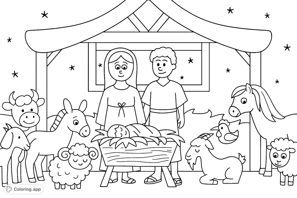 Celebrate the season with this heartwarming nativity scene coloring page. Features Mary, Joseph, baby Jesus, and friendly stable animals under a starry sky.
