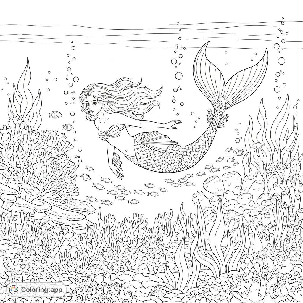 A beautiful mermaid gracefully swims through an enchanting underwater world, surrounded by intricate coral and playful marine life. Dive into ocean fantasy!