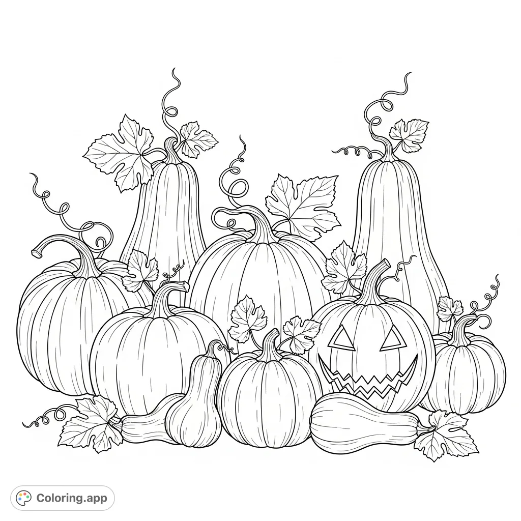 Explore a delightful harvest pumpkin patch coloring page featuring various pumpkins, gourds, and intricate carved faces, perfect for autumn fun.