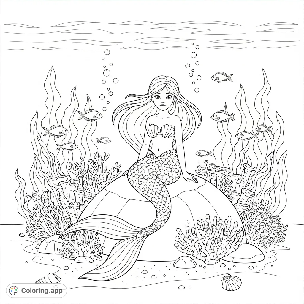 Dive into an enchanting underwater world with this little mermaid coloring page. Featuring a graceful mermaid, coral, and sea life for creative fun.