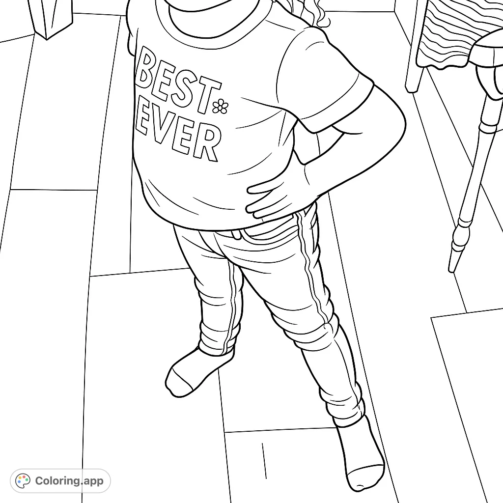 A charming coloring page featuring a child striking a confident pose in a "Best Sister Ever" t-shirt, perfect for celebrating siblings and creativity.