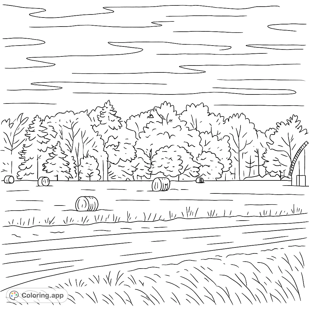 A serene winter farm scene featuring snow-covered fields, round hay bales, a distant barn, and a line of frosted trees under a cloudy sky.