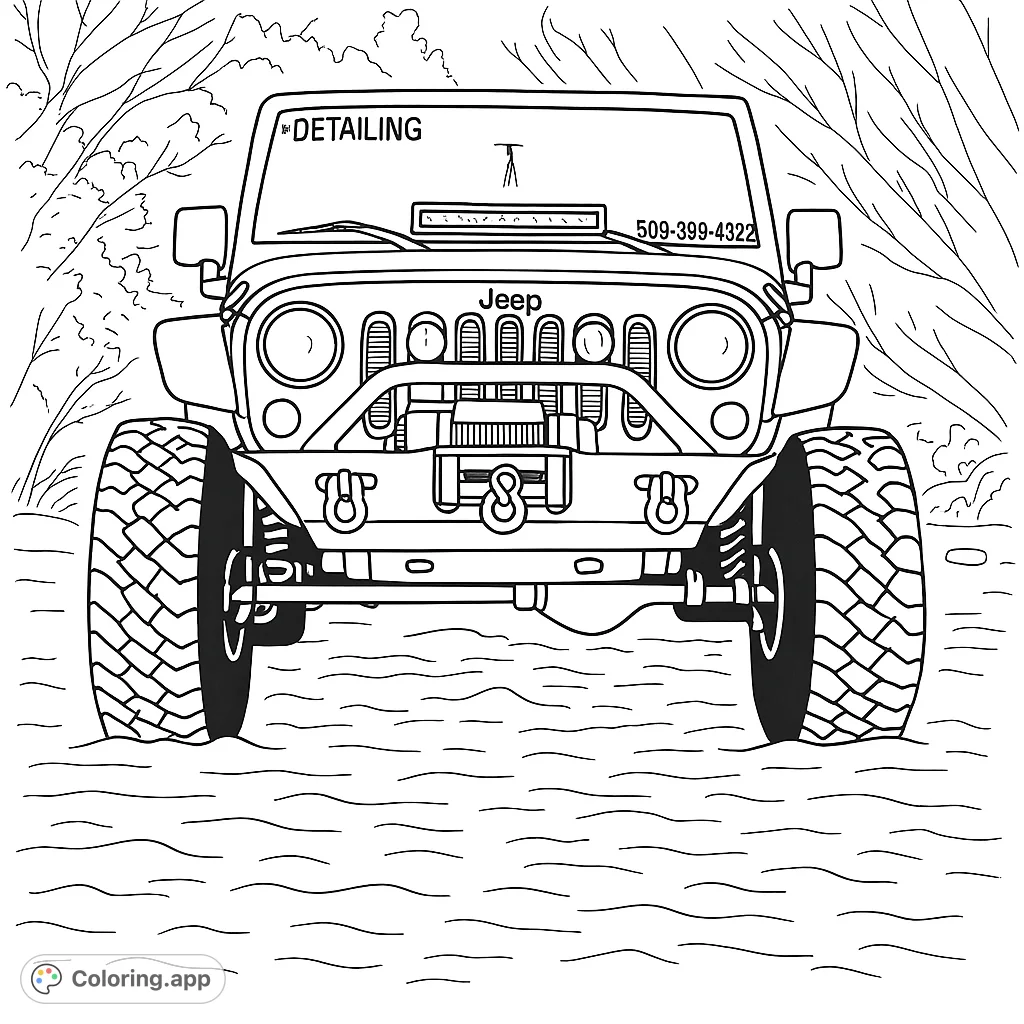 Color a powerful off-road vehicle navigating a shallow stream amidst a natural forest setting. Perfect for vehicle enthusiasts and nature lovers.