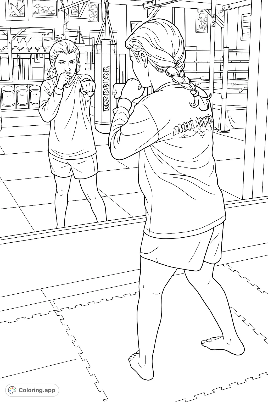 Dynamic martial arts training scene featuring a woman practicing her moves in a gym mirror, surrounded by punching bags and fitness equipment.