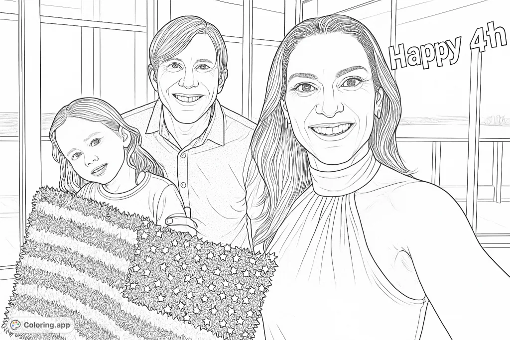 Celebrate with this intricate family portrait coloring page. Features a smiling family holding a festive flag, set against a detailed cityscape backdrop.
