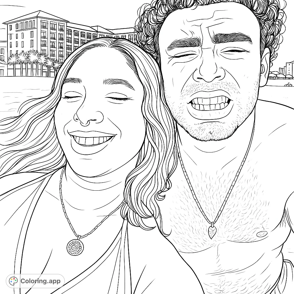 A cheerful couple enjoys a sunny beach day, captured in a close-up portrait with a resort background. Perfect for a relaxing coloring experience.