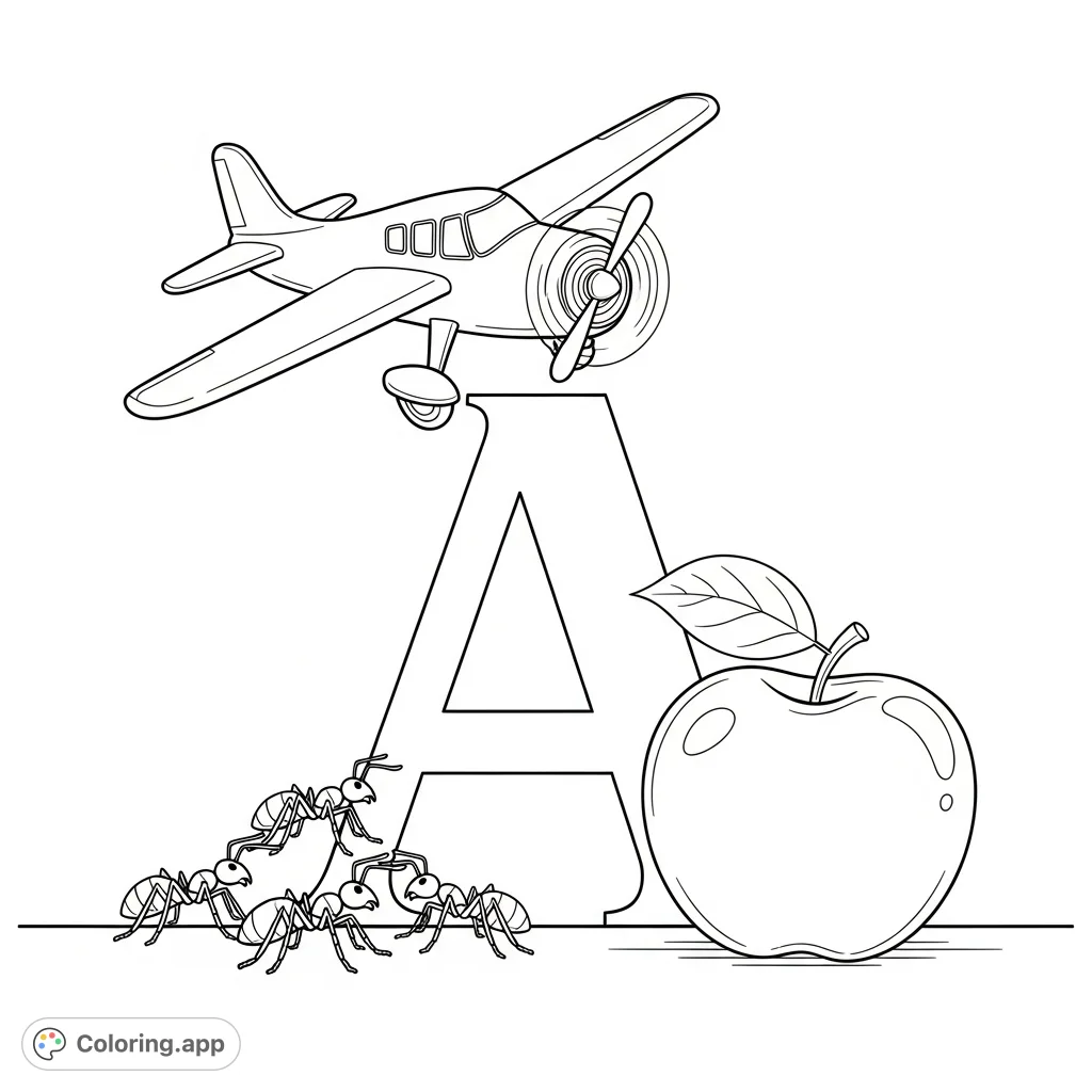 Explore the letter A with an airplane, apple, and ants! A fun and educational coloring page for young learners to practice letter recognition and vocabulary.