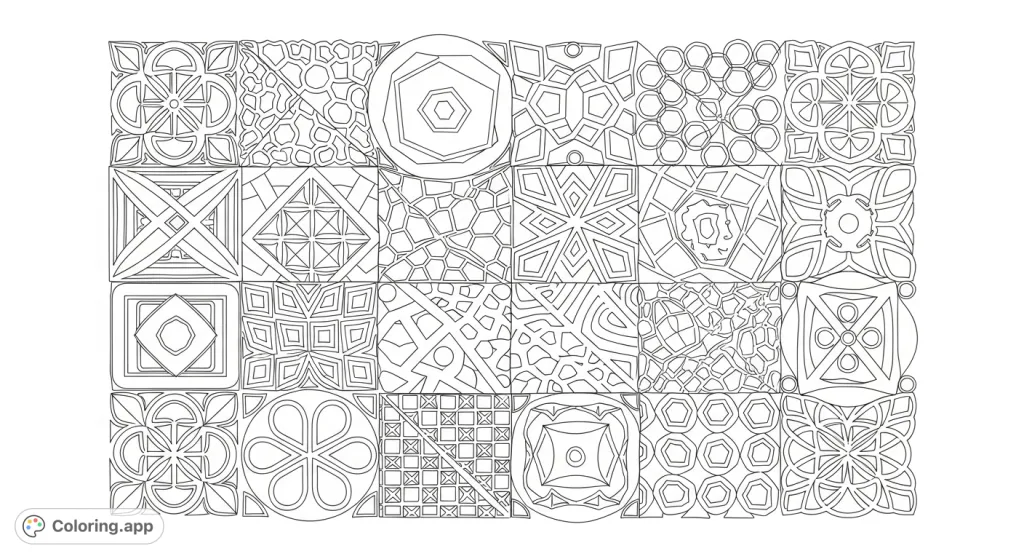 Explore a captivating array of interlocking geometric shapes and repeating patterns. A detailed design for mindful coloring and creative expression.