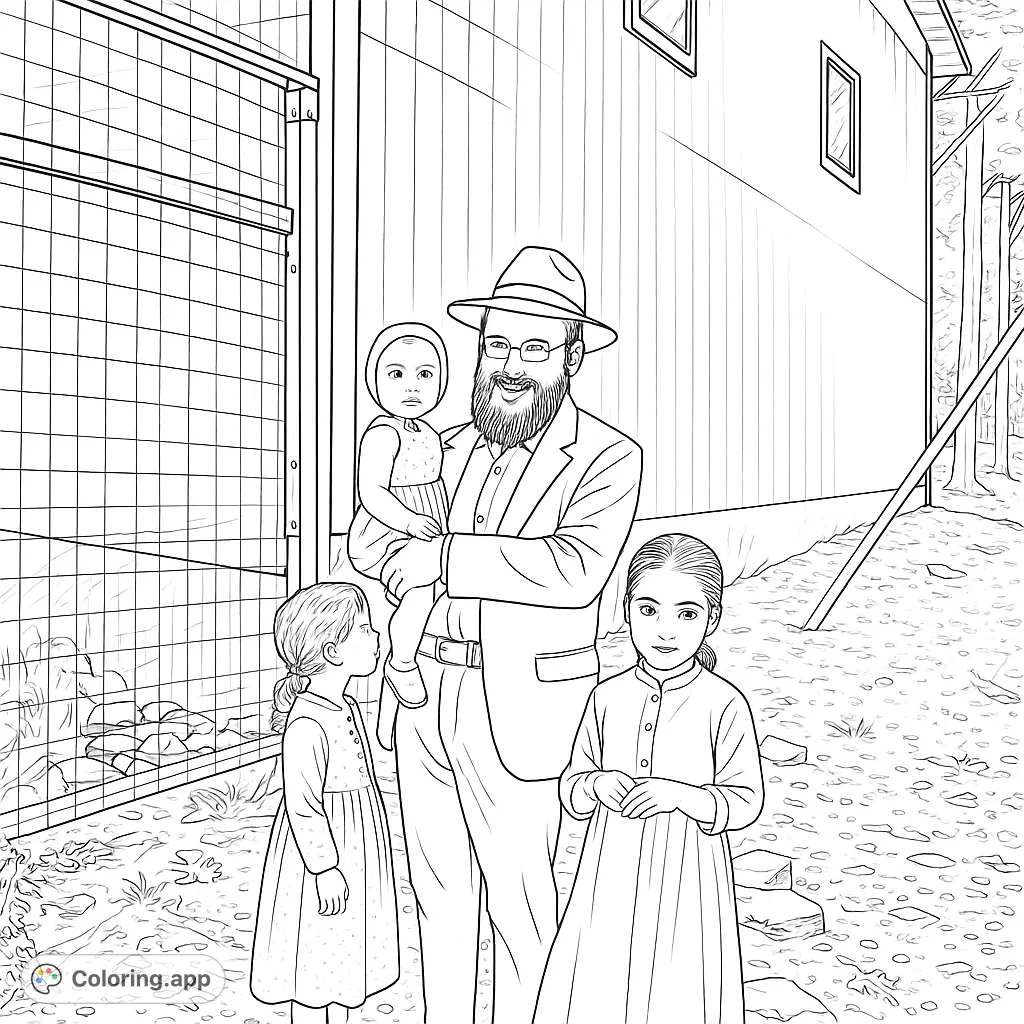 A heartwarming family portrait featuring a man holding a baby, with two young girls beside him, set against a detailed building and fence.