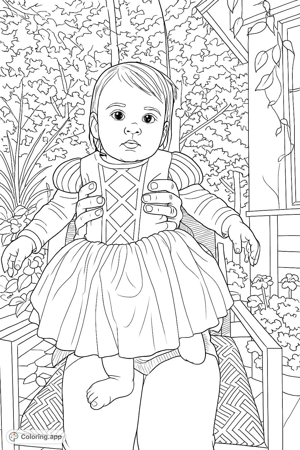 A delightful coloring page featuring a baby in a charming princess dress, held gently amidst a lush outdoor setting with trees and flowers.