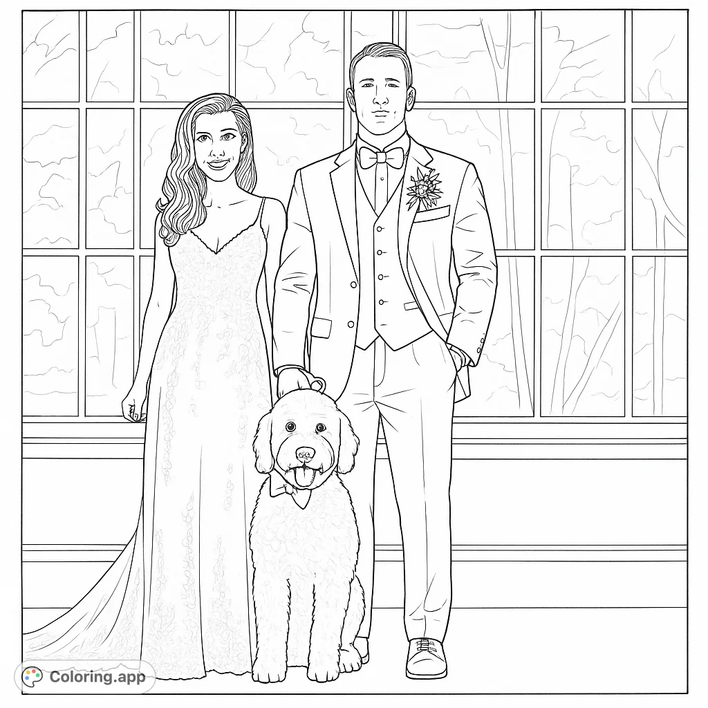 Celebrate love with this charming wedding couple and their furry companion. A delightful scene perfect for personalizing with your favorite hues.