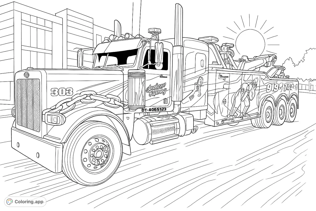 A detailed tow truck with custom graphics, chrome accents, and a powerful presence, set against a modern building and a distant sun.
