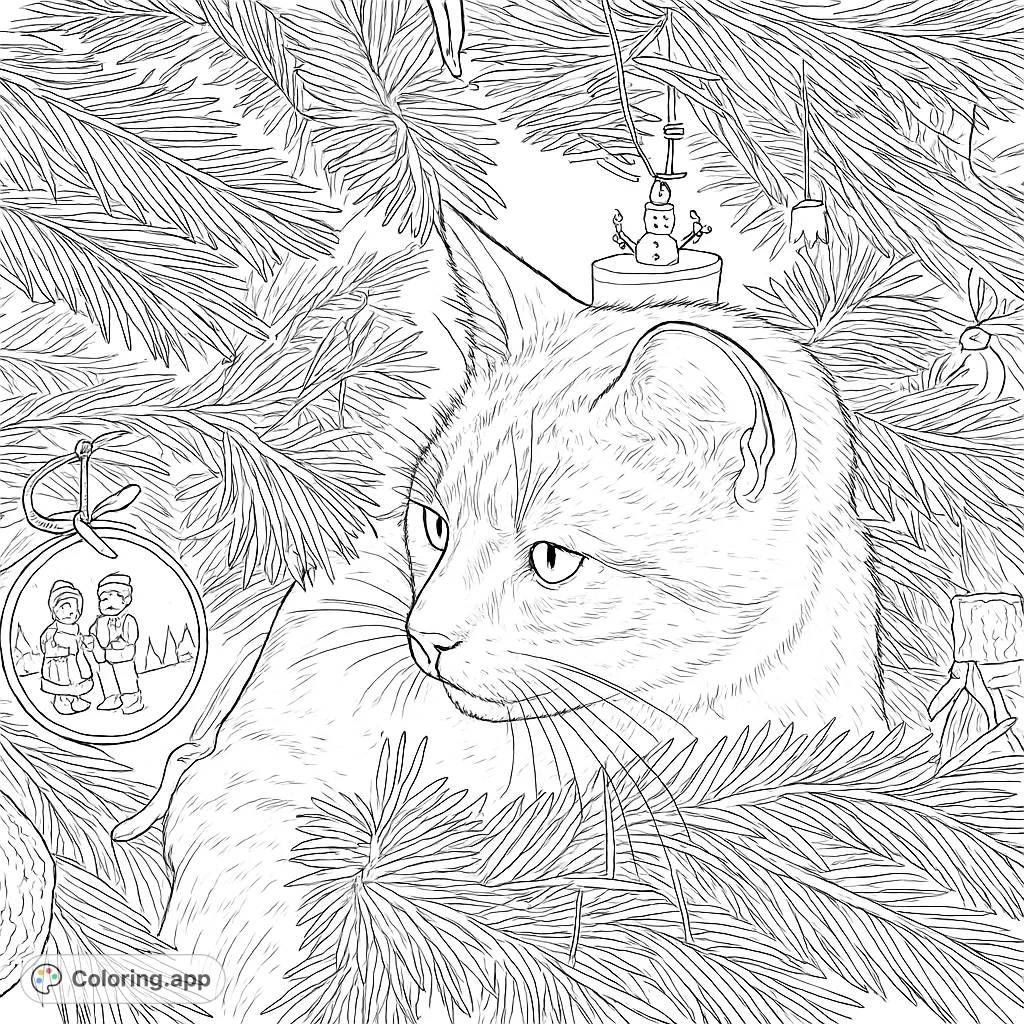 Discover a charming Christmas cat coloring page, nestled among festive tree branches and ornaments. A delightful scene for holiday creativity!