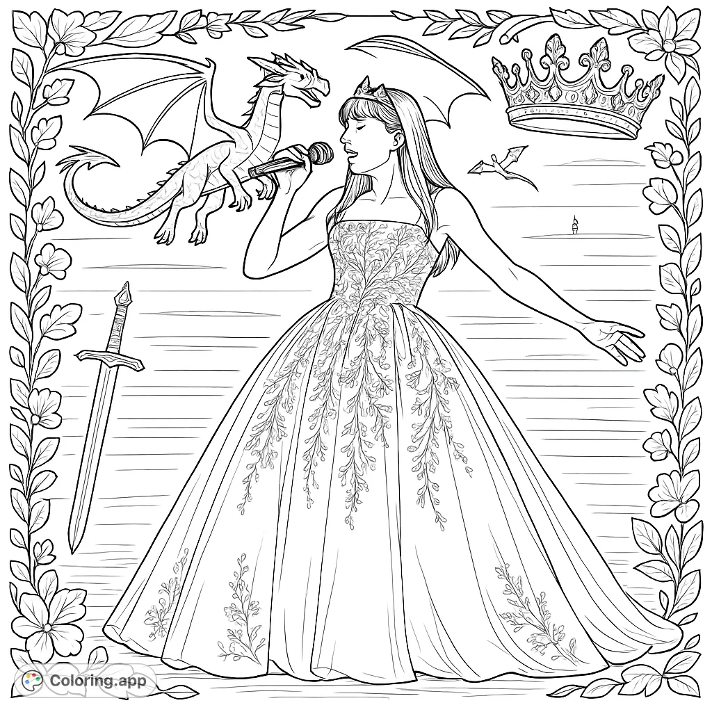 An elegant singer in a magnificent gown performs on stage, surrounded by decorative floral borders. A captivating scene for music lovers and aspiring artists.