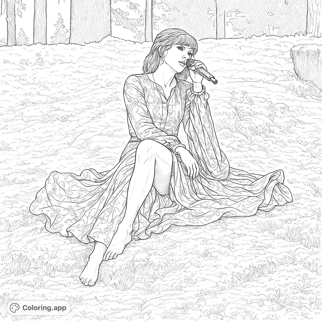 Capture the serene beauty of a singer performing amidst a lush, moss-covered forest. A detailed gown and natural backdrop await your creative touch.