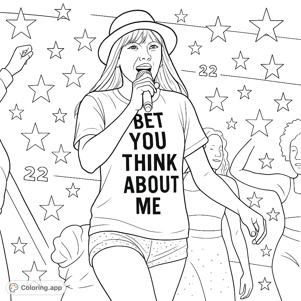 Capture the energy of a live concert with this pop star coloring page. Features a dynamic performer on stage with dancers and vibrant lights.
