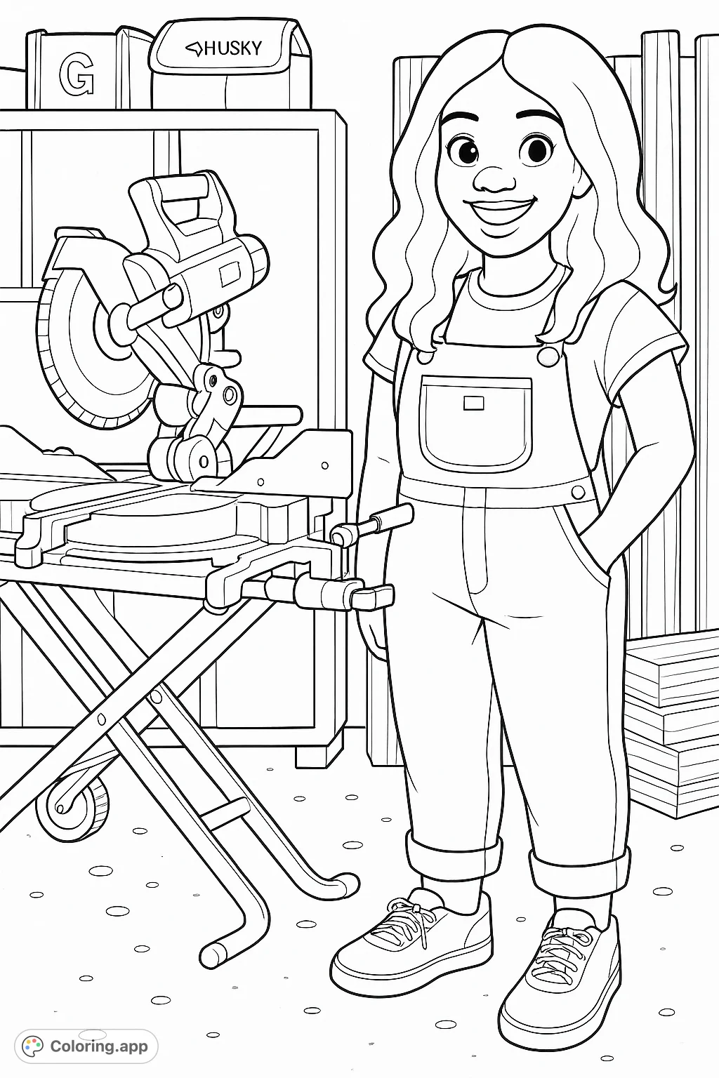A cheerful woman in a workshop, standing next to a miter saw and lumber. Perfect for aspiring builders and DIY enthusiasts.