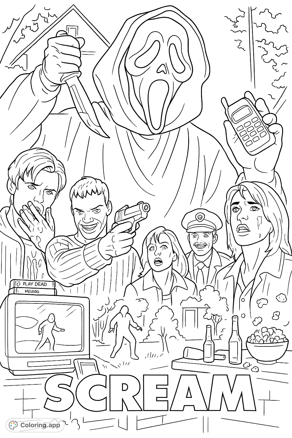 An intense horror movie collage featuring the iconic masked figure, a knife, a phone, and a cast of characters in a suspenseful, dramatic scene.
