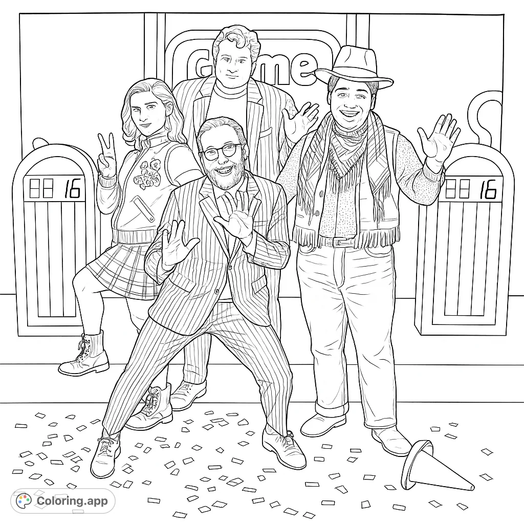 Join a lively group of characters in a retro game show setting, complete with confetti and unique props. A fun, detailed scene awaiting your creative touch!