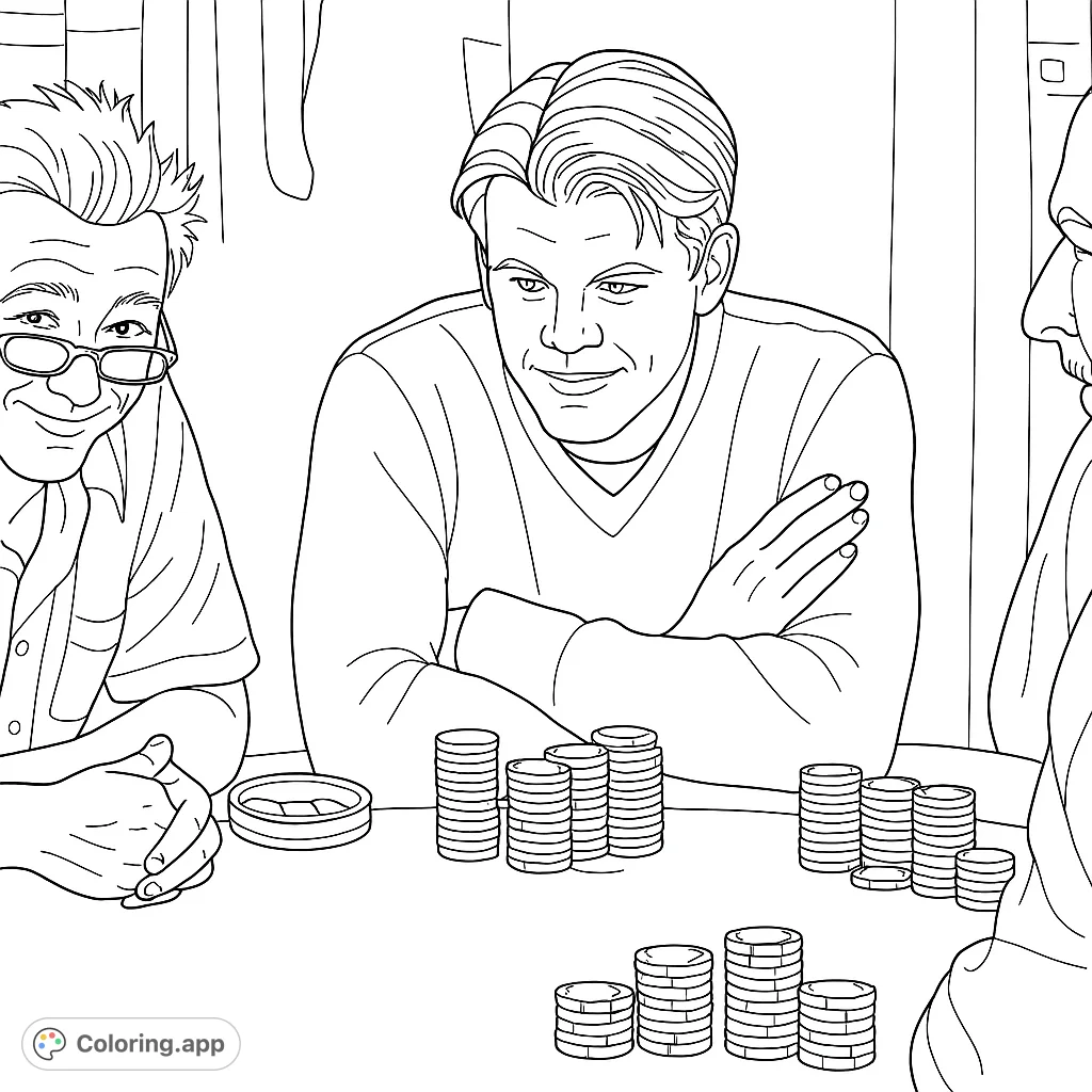 Immerse yourself in the tension of a high-stakes poker game. This detailed coloring page features players, chips, and an intense atmosphere, perfect for adults.