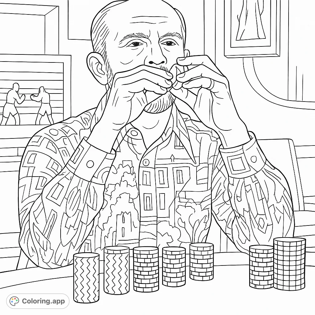An intense poker player, deep in thought, holding a chip. Features detailed shirt patterns and stacks of chips on the table.
