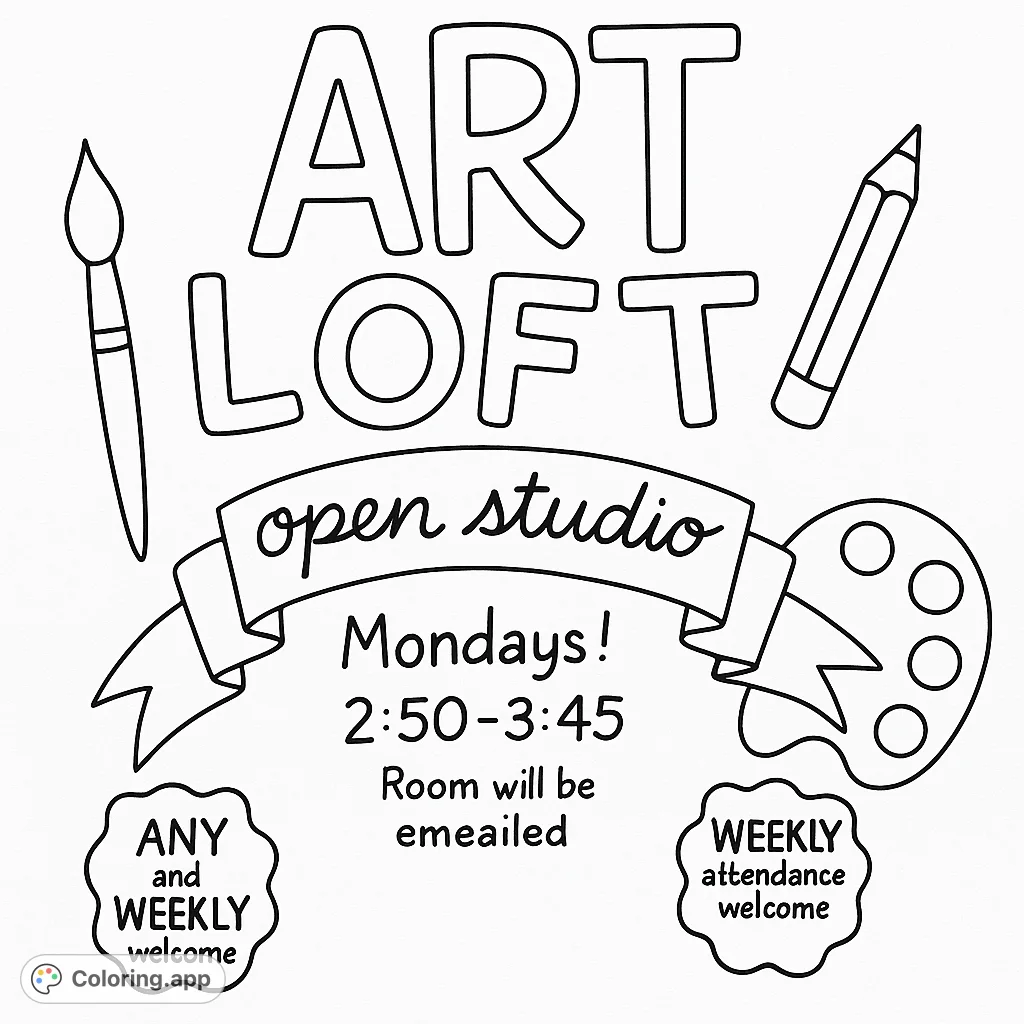 Discover a fun art studio scene with playful lettering and a banner, perfect for creative expression. Add your own flair to this inviting open studio design.