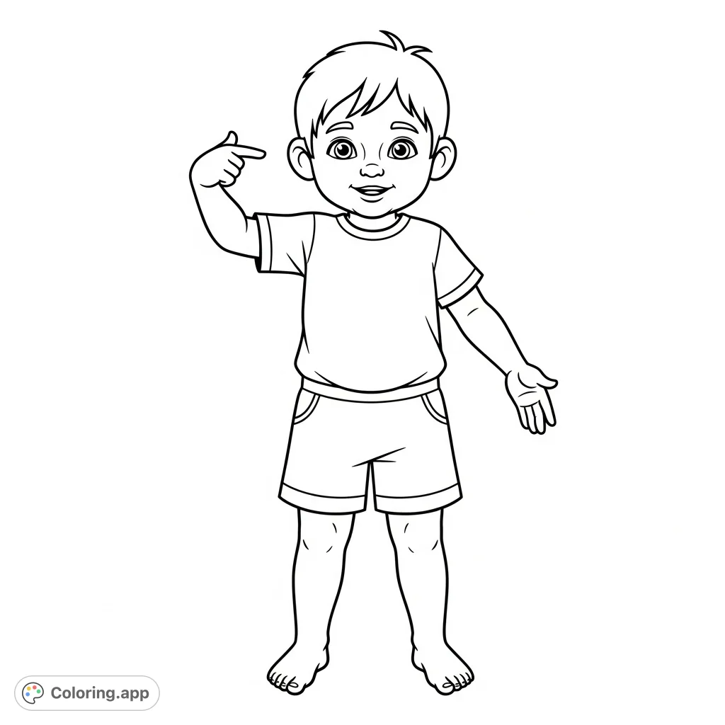 A delightful coloring page featuring a cheerful child pointing to their head and feet, perfect for learning body parts and expressing creativity.