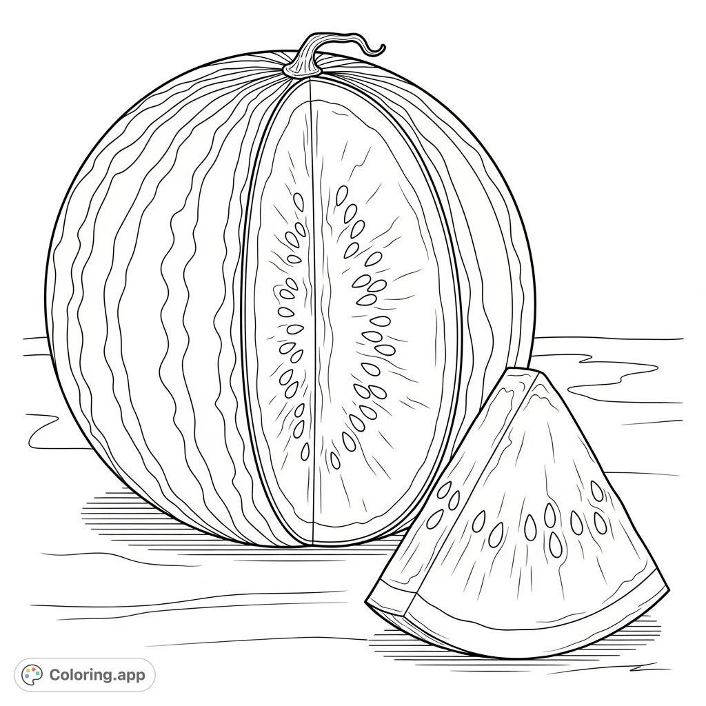 A delightful watermelon coloring page featuring a whole fruit, a large wedge, and a smaller slice, perfect for a refreshing coloring experience.