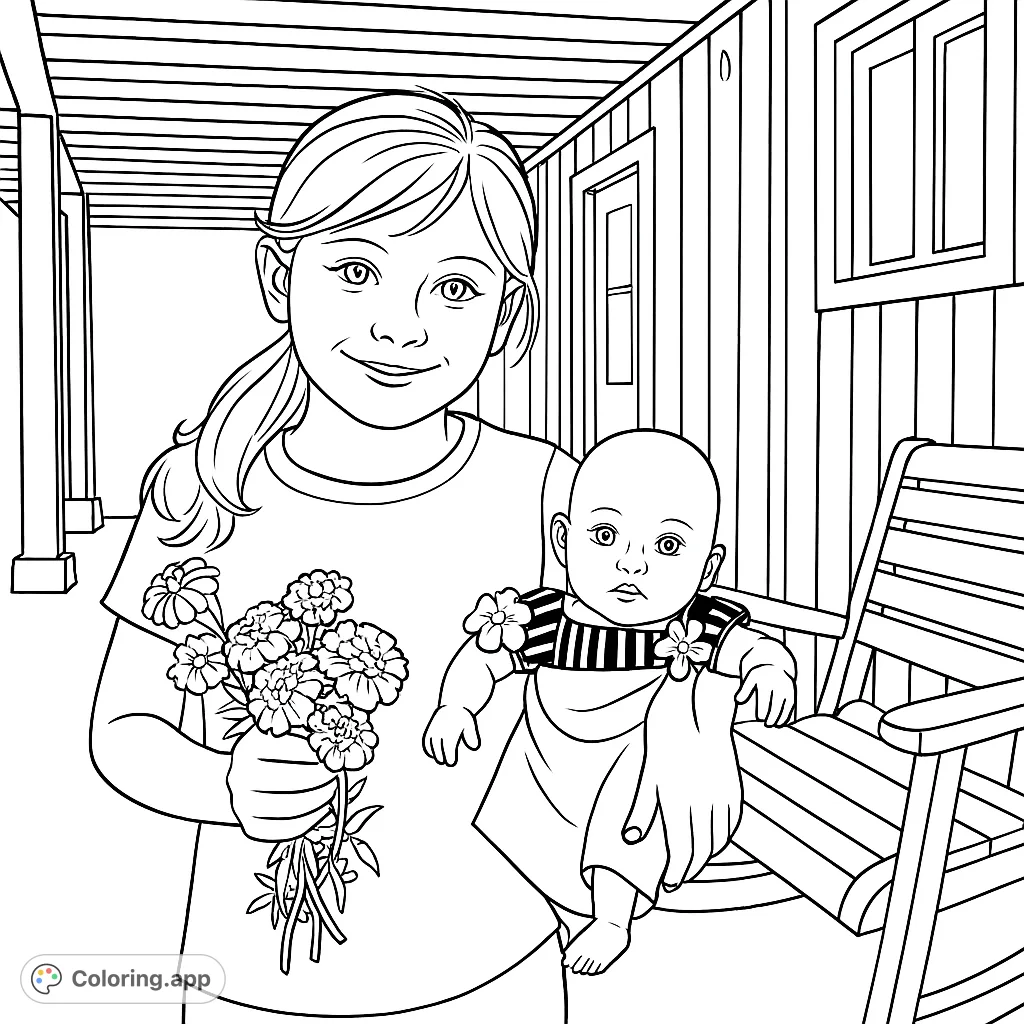 A charming girl holds a baby doll and a bouquet of flowers on a porch. Perfect for kids and adults to color, fostering creativity and joy.
