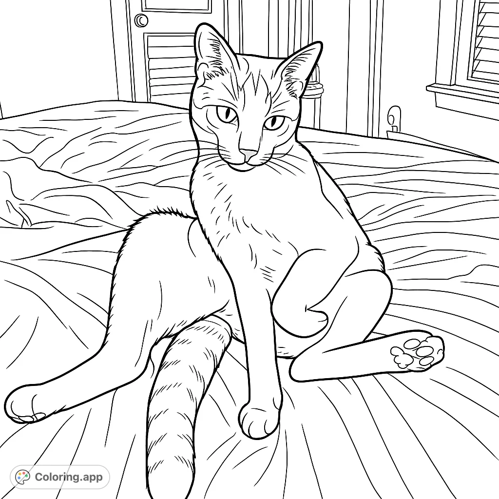 A delightful cat sits in a unique pose on a rumpled bed, offering a charming and engaging scene for a relaxing coloring experience.