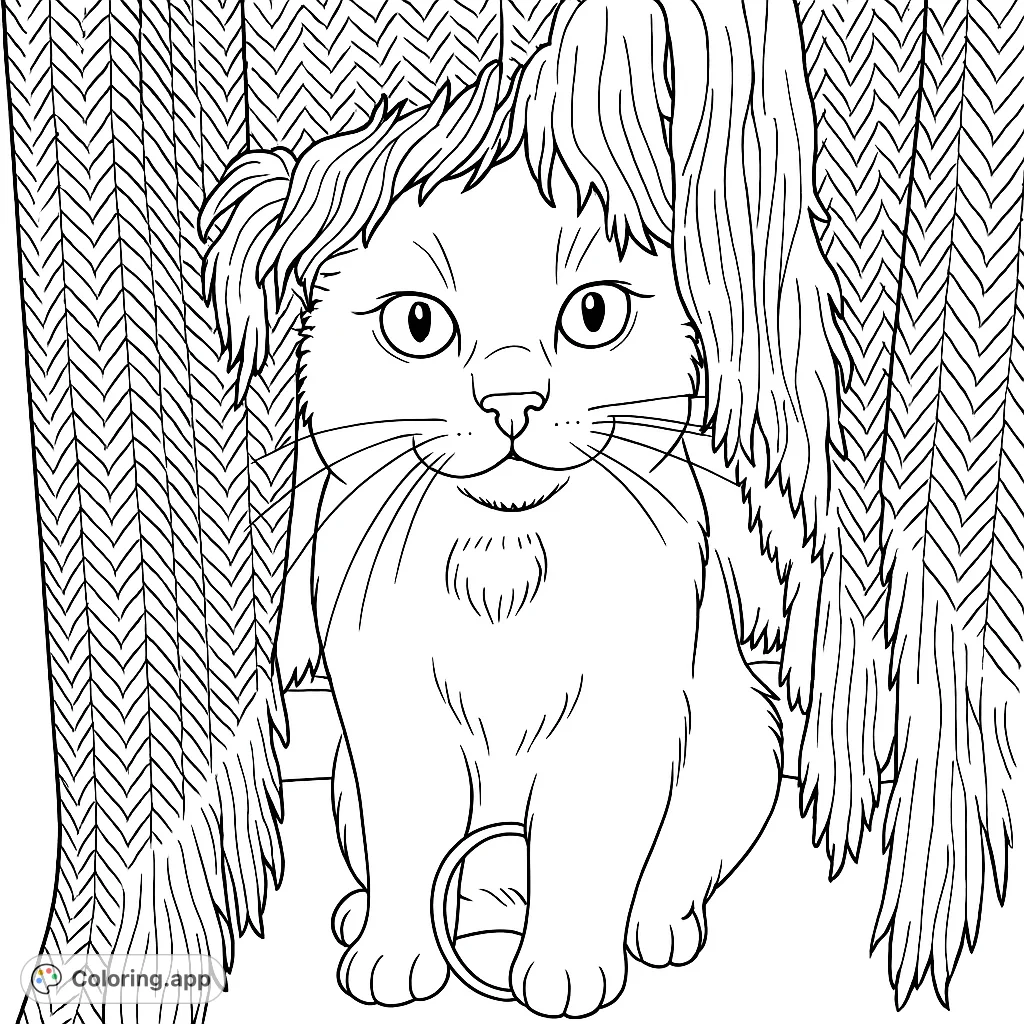 A charming cat peeks from behind a patterned blanket, its expressive eyes and whiskers inviting you to color. Perfect for cat lovers!