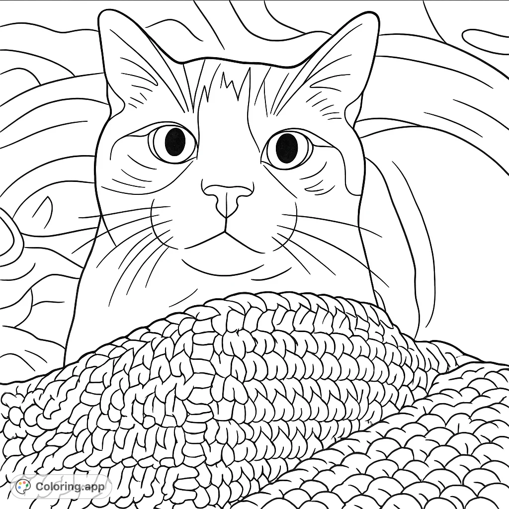 A charming cat rests comfortably on a textured blanket, gazing forward. Perfect for animal lovers to bring to life with their favorite hues.