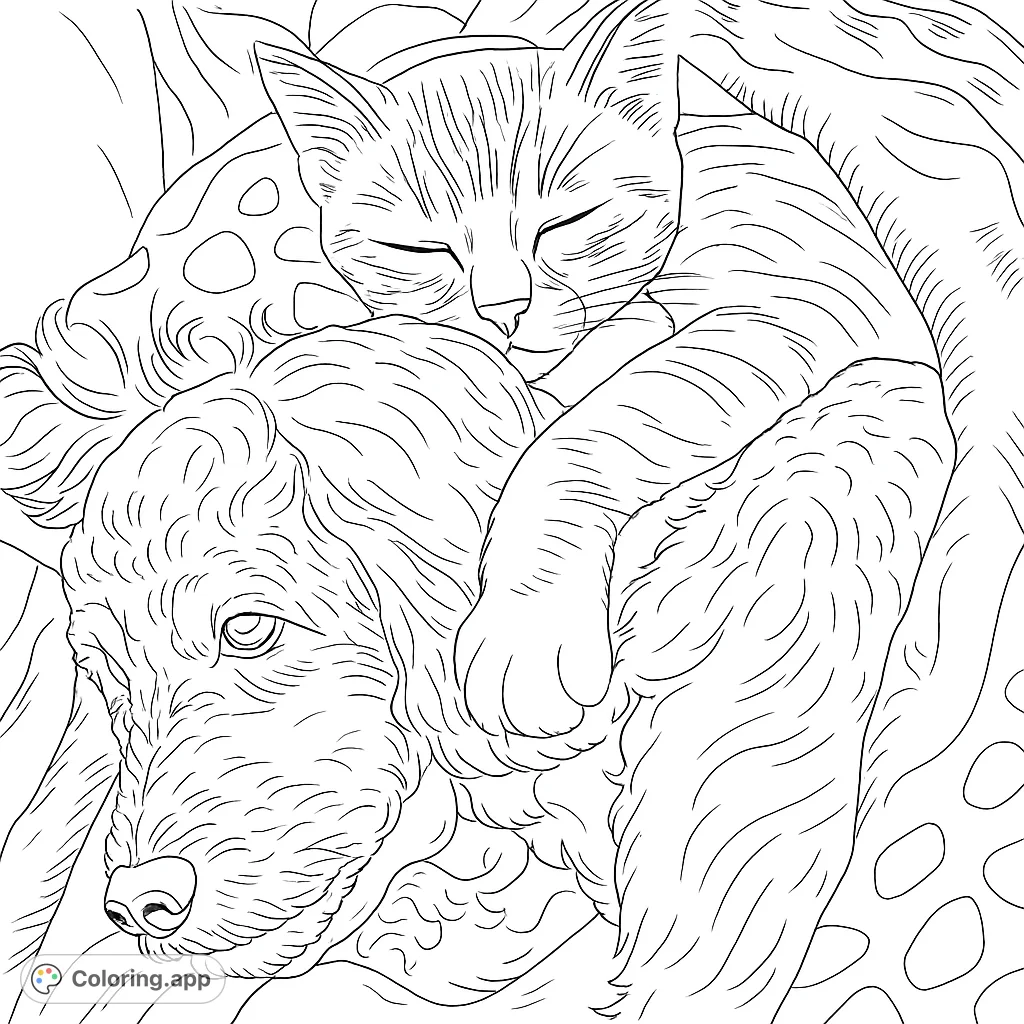Snuggle up with this adorable coloring page featuring a peaceful kitten napping on its dog friend under a cozy blanket. Perfect for animal lovers!