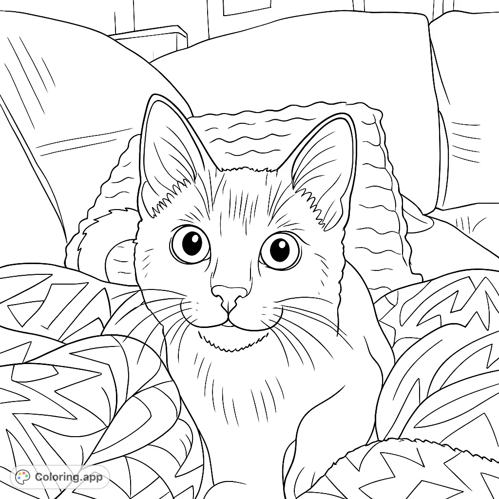 A charming kitten with wide eyes peeks from a soft, patterned blanket on a comfy couch, ready for a creative coloring adventure.