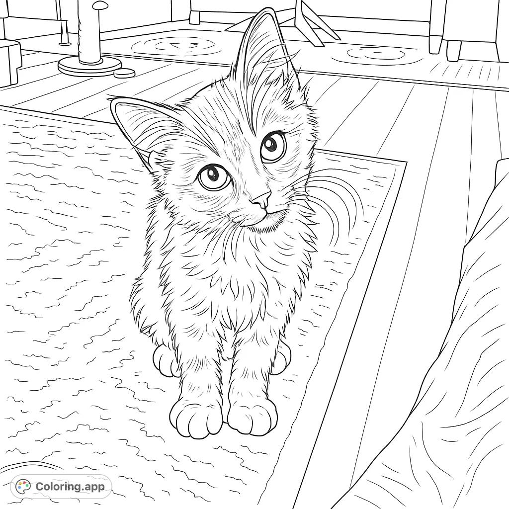 A charming kitten coloring page featuring a fluffy feline with expressive eyes, perfect for animal lovers of all ages. Free printable kitten coloring page.