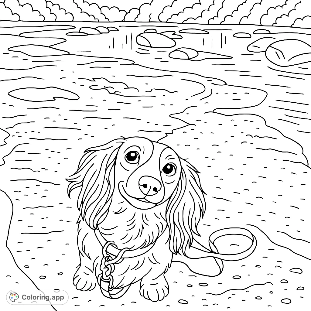 A charming long-haired dachshund sits by a rocky river, ready for adventure. This delightful scene offers a relaxing coloring experience for all ages.
