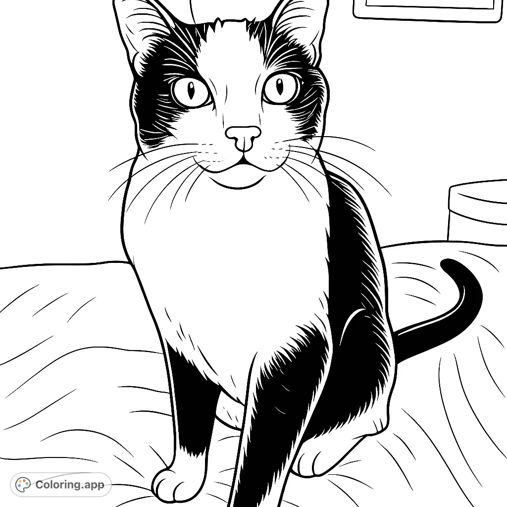 An engaging cat portrait coloring page featuring a domestic feline with expressive eyes and distinct fur patterns, perfect for animal lovers.