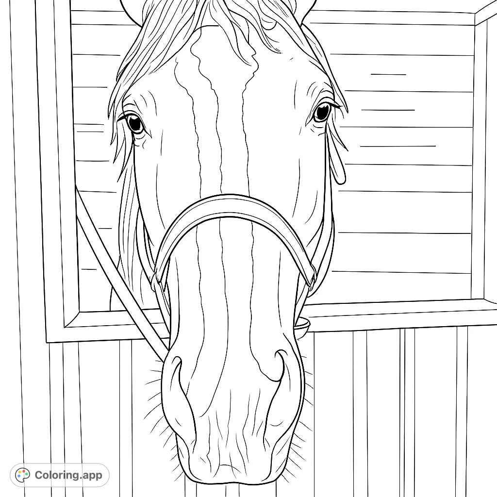 A captivating horse portrait peeking from a stable window, featuring an expressive face, a distinctive blaze, and a detailed halter. Perfect for animal lovers.