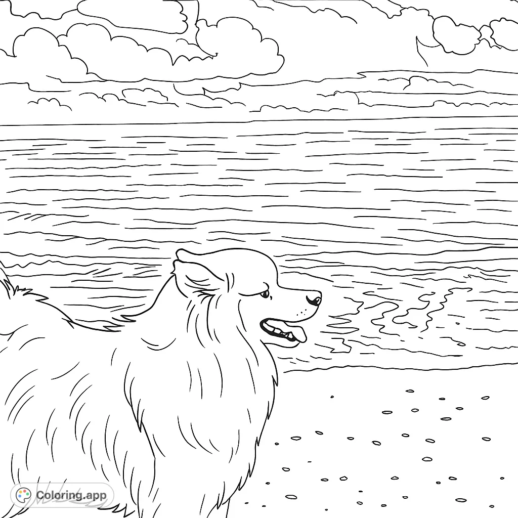 A charming fluffy dog stands on a sandy beach, gazing out at the calm ocean under a cloudy sky. Perfect for dog lovers and nature enthusiasts.
